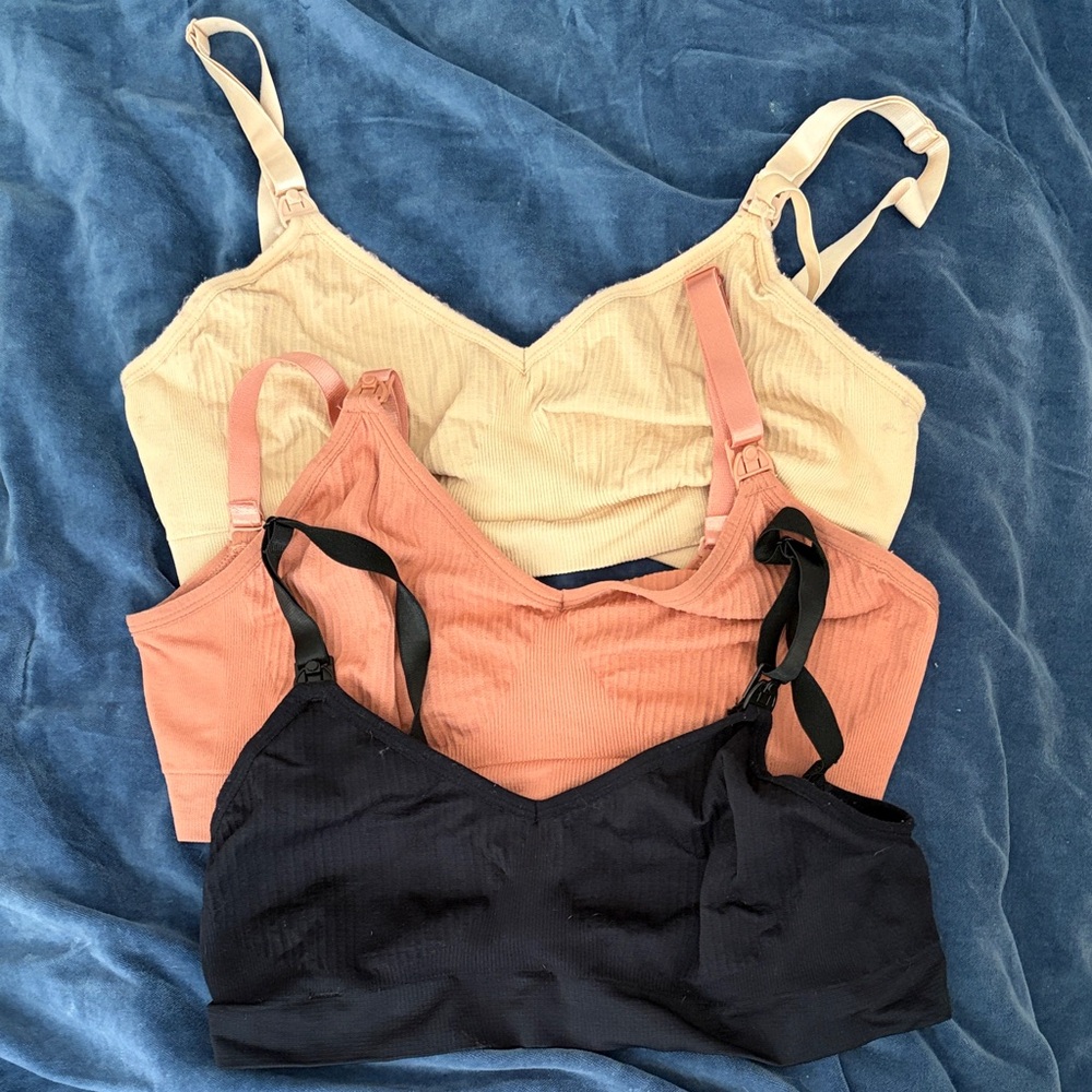 SHEIN 3-Pack Ribbed Nursing Bralettes — Black, Peach & Cream